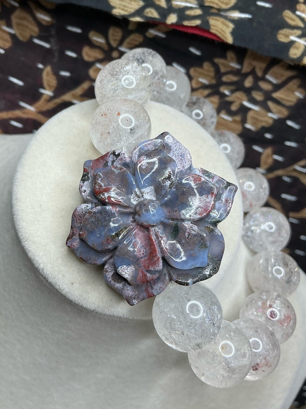 Pink Azeztulite 14mm with Ocean Jasper Flower Carving